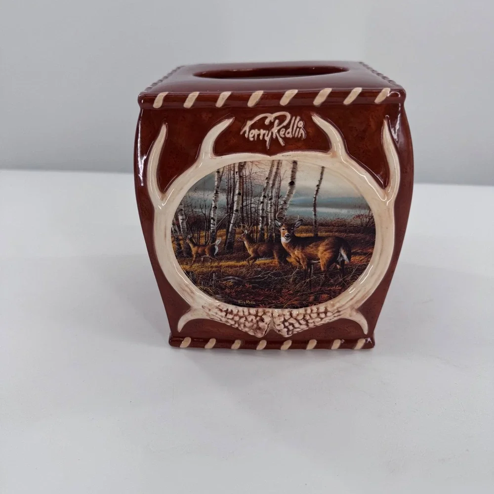 Terry Redlin Tissue Box Cover Wildlife Deer Ceramic Rustic Lodge‎ Cabin Brown